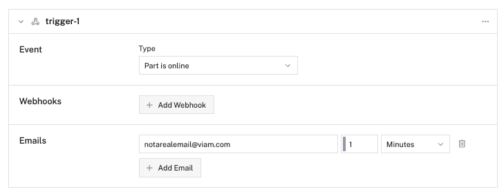 The trigger configured with an example email address.