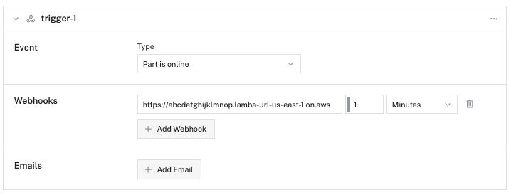 The trigger configured with an example webhook URL.